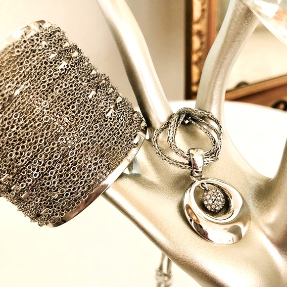 Vintage Silver Modernist Cuff Bracelet & Rhinestone Pendant necklace - Picture 2 of 13